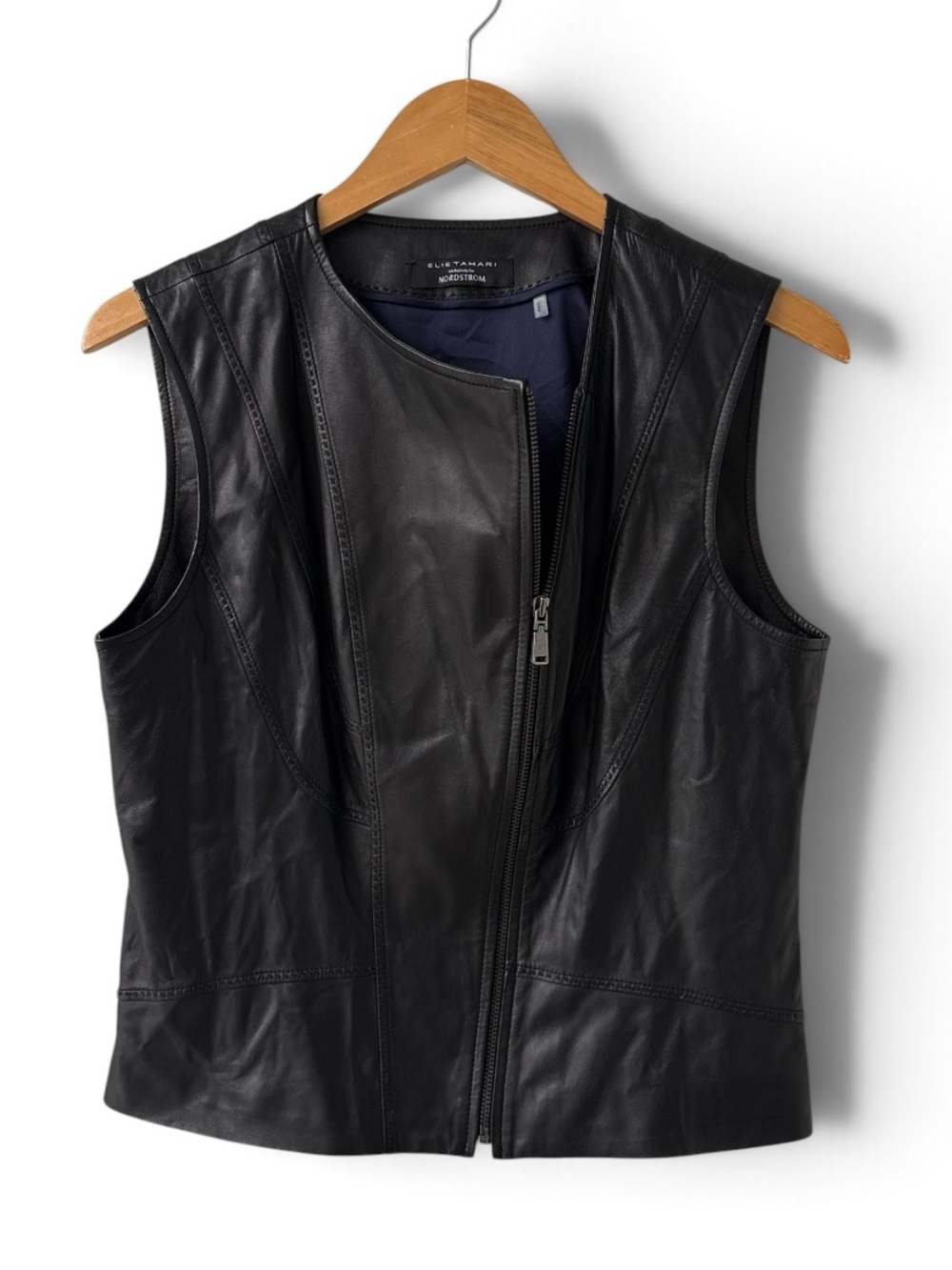Elie Tahari Nordstrom Black Lamb Leather Moto Vest Asymmetrical Zip Medium